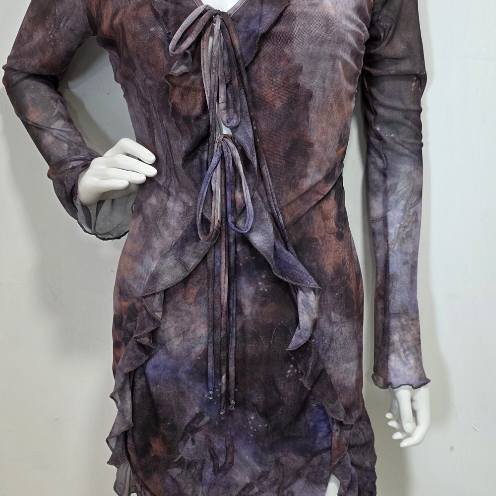 Sheer Tie-Front Ruffle Mini Dress | Long Sleeve | Purple Brown Tie-Dye | Fairy G